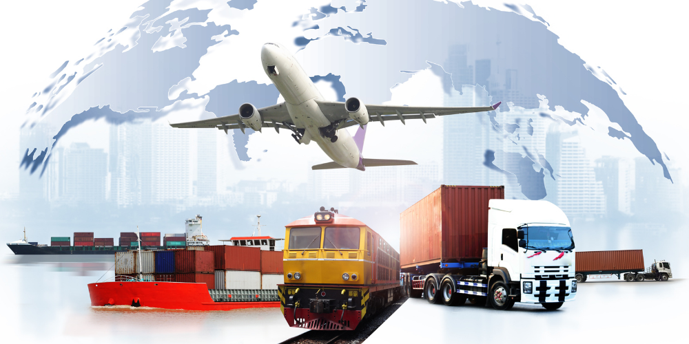 Plane, train, truck, and ship representing Sinford’s import logistics and transport solutions