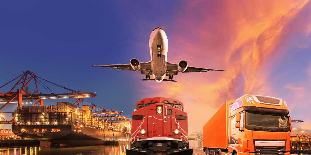 Plane, train, truck, and ship representing Sinford’s comprehensive freight forwarding solutions