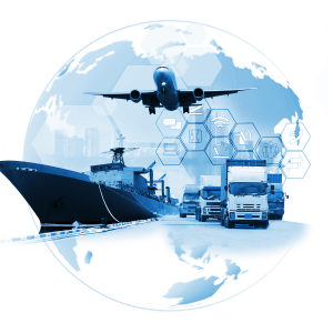Globe with cargo ship, airplane, and freight trucks – symbolizing Sinford’s global logistics and transport solutions