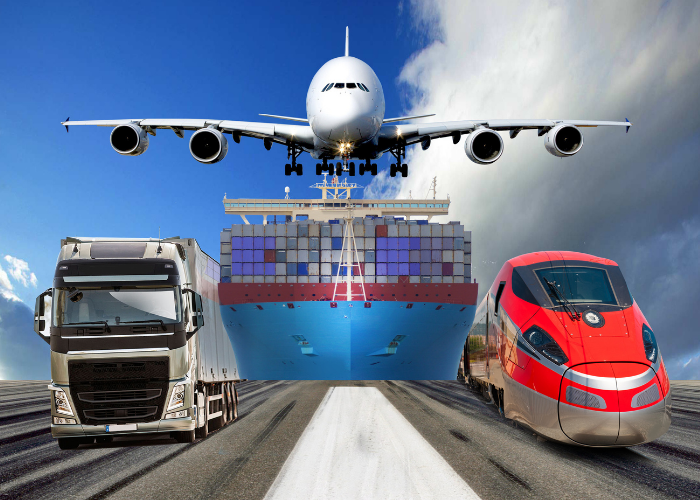 Freight forwarding transport network featuring a truck, cargo ship, aircraft and freight train moving goods across global supply chains.